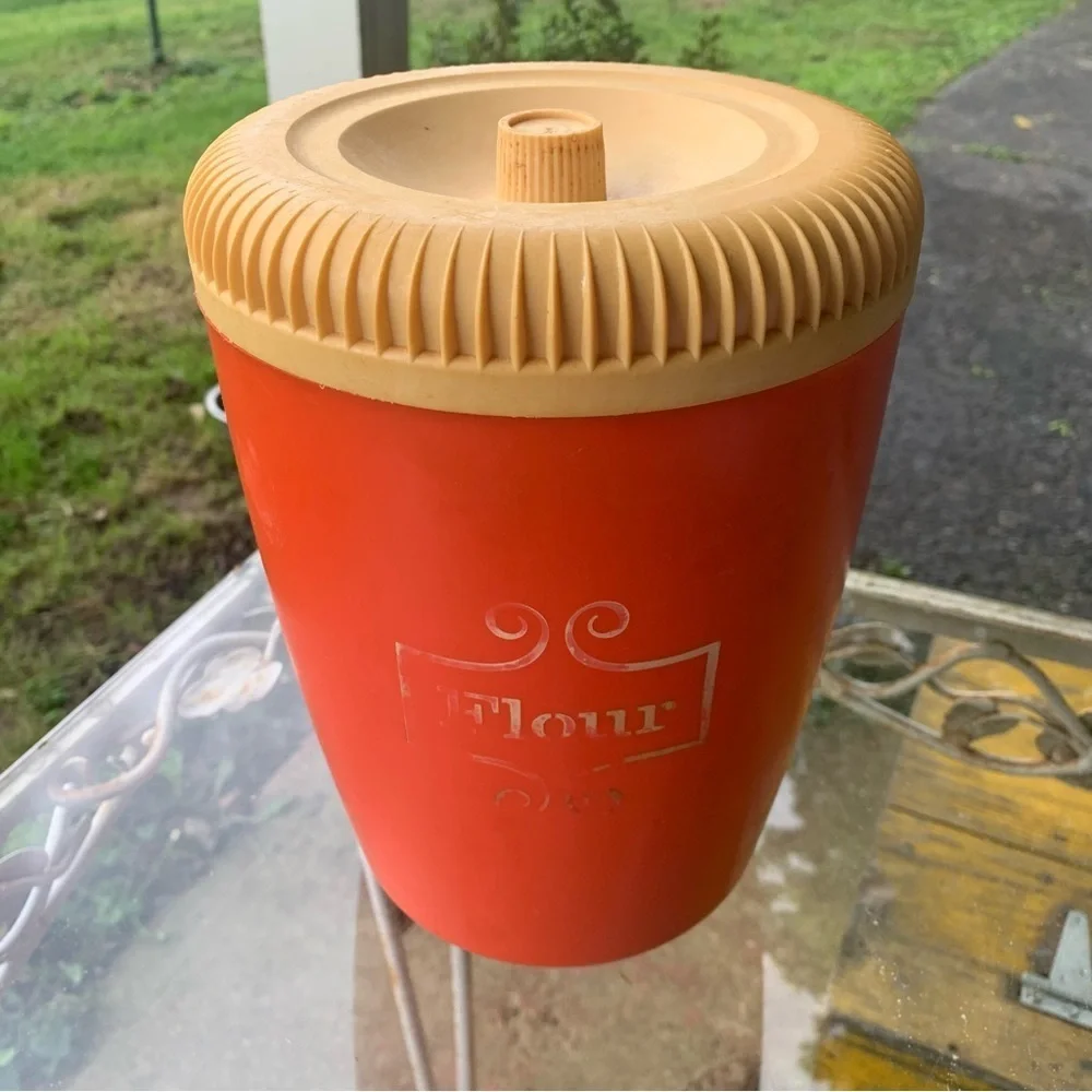 Vintage MCM Orange Tea Coffee Sugar Flour Round Cannister Set Plastic 60s 70s